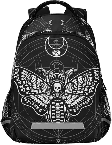 Laptop Backpack with Chest Strap, Gothic Black Skull Moth School Backpack, Travel Hiking Backpack for Boys Girls Teen Adult, Rucksack, Knapsack