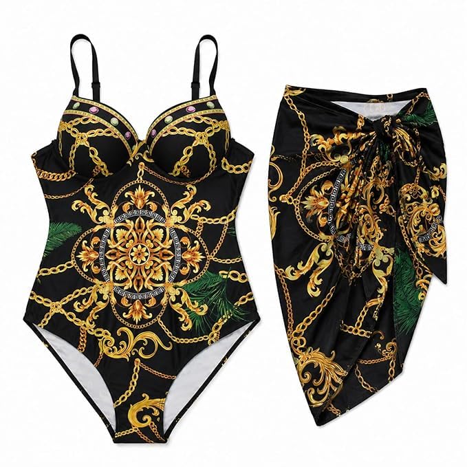 feeluni Women's One-Piece Swimsuit with Attached Sarong, Baroque Print Bathing Suit, Padded Cups, Adjustable Straps, Resort Wear Beach Swimwear-picture-35