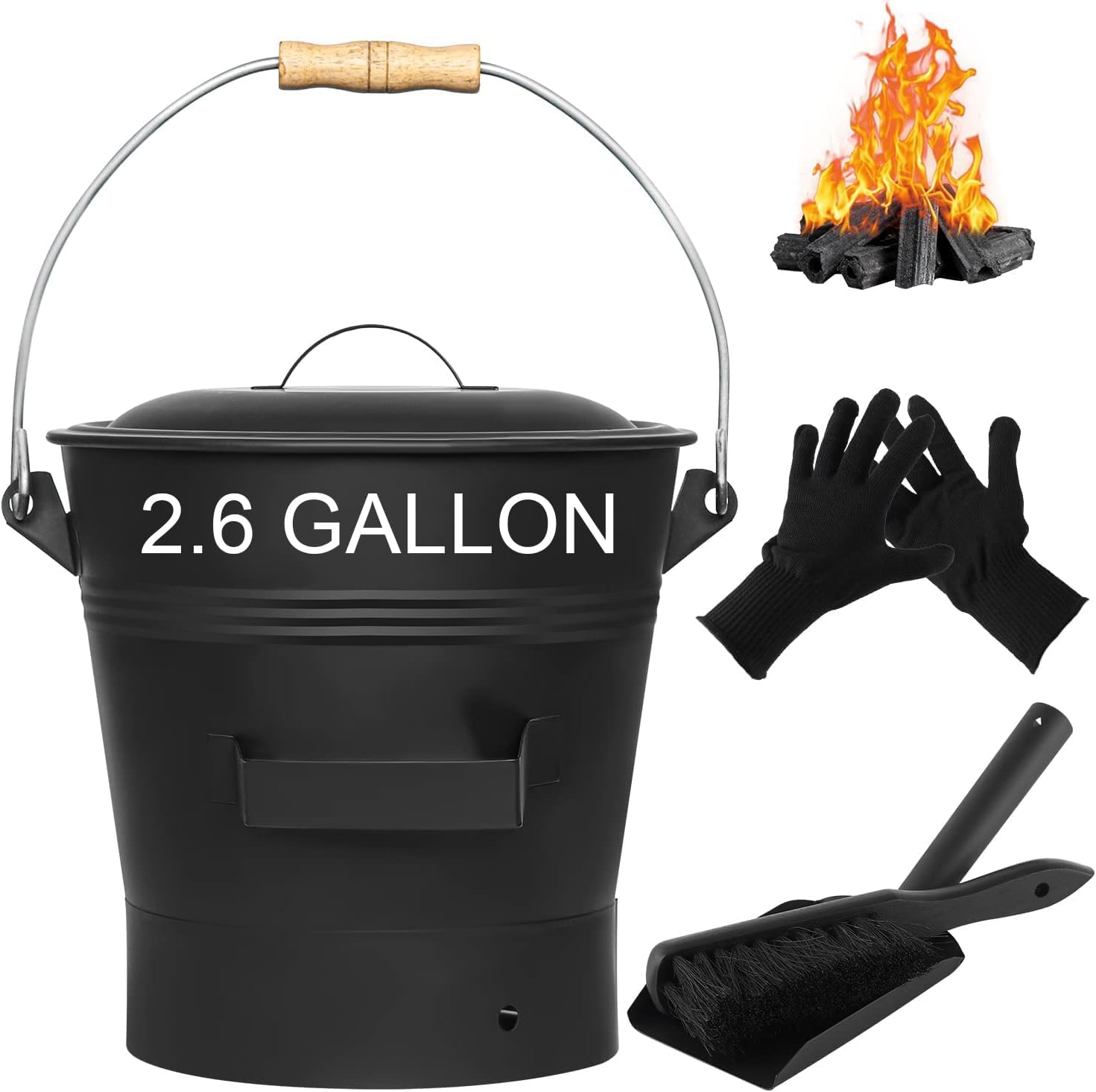 Fireplace Ash Bucket with Lid Shovel, Hand Broom and Gloves, 2.6 Gallon Charcoal Wood Fire Pits Burning Stoves, Coal/Large Pellet Metal Buckets/Hot Wood Carrier Pail Fire Pits Ash Can Cleaning Tools 2.6GA