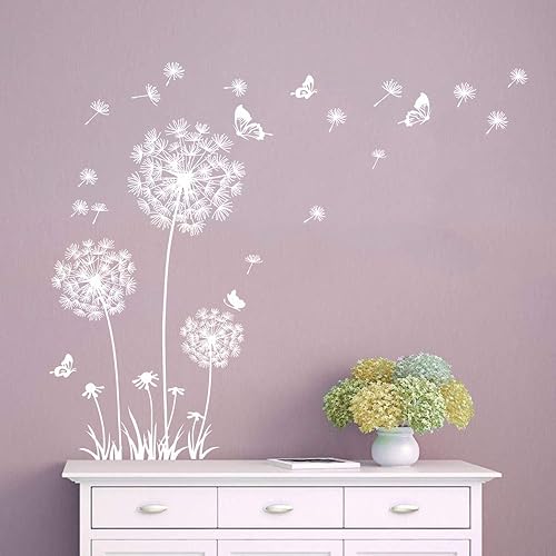 Miniatura 3 de Runtoo Calcomanías de pared gigantes de diente de león con flores voladoras, mariposas, calcomanías de pared para plantas, decoración de sala de