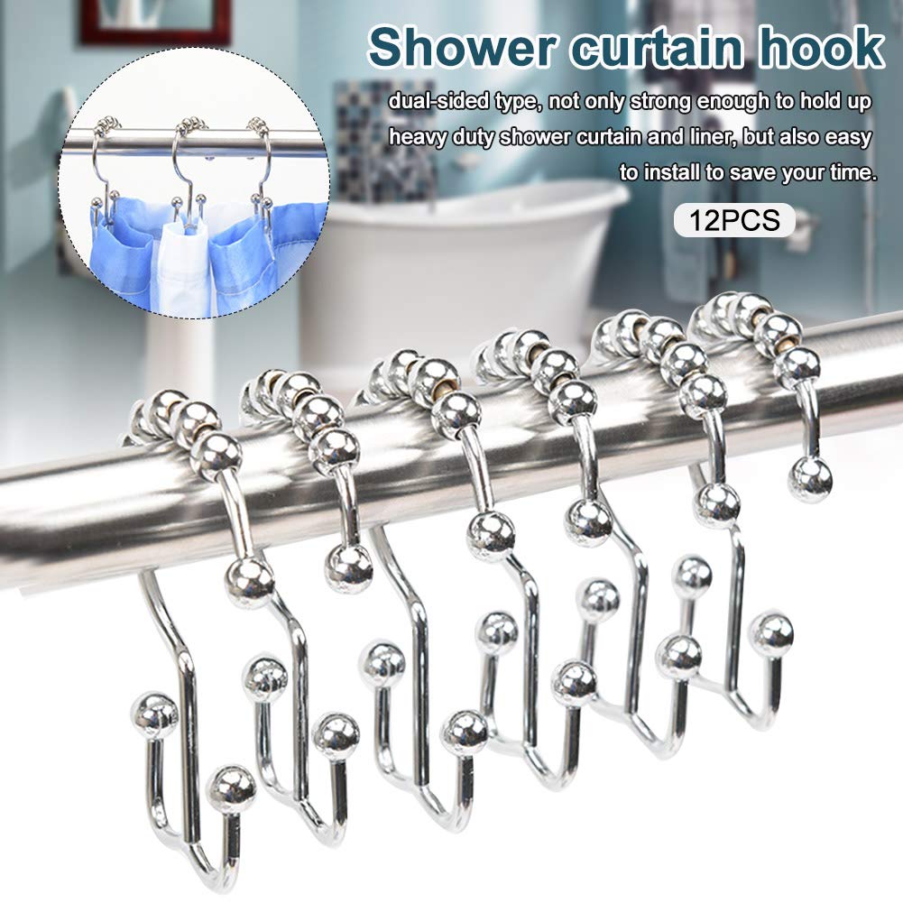 Xiaokeis 12 ganchos de cortina de ducha, accesorios de baño, anillos de cortina de ducha, ganchos de ducha de metal de doble deslizamiento para barras de ducha de baño (cromo)