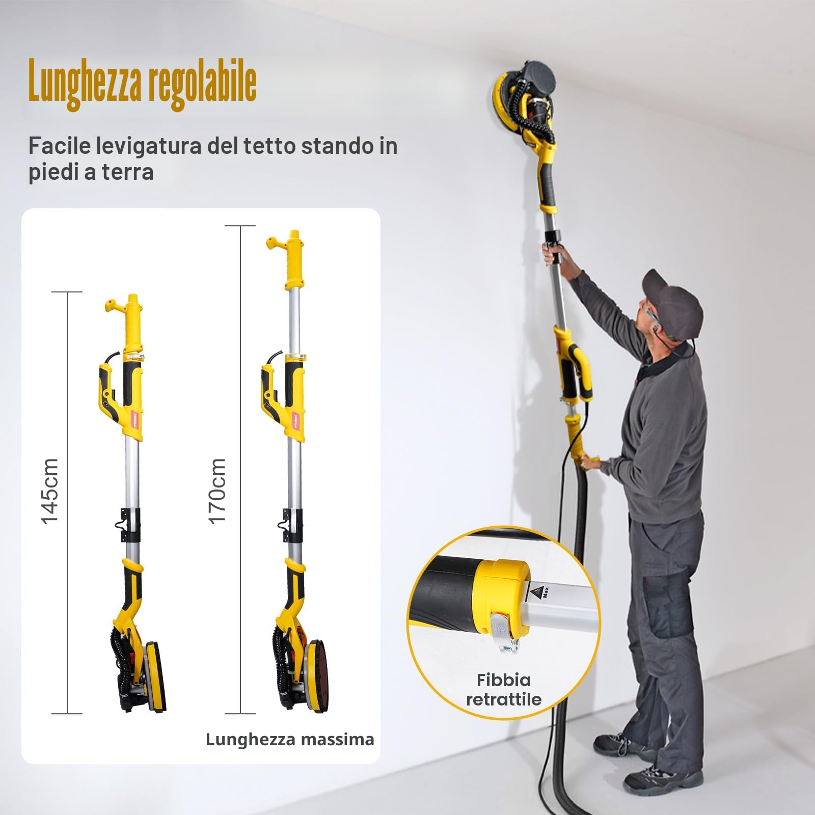HYCHIKA Levigatrice per Muro, Levigatrice per Muro con Aspiratore, Giraffa per Carteggiare Muri, Smerigliatrice per Muro Cartongesso, Con luce LED, 6 velocità, retrattile e ripiegabile