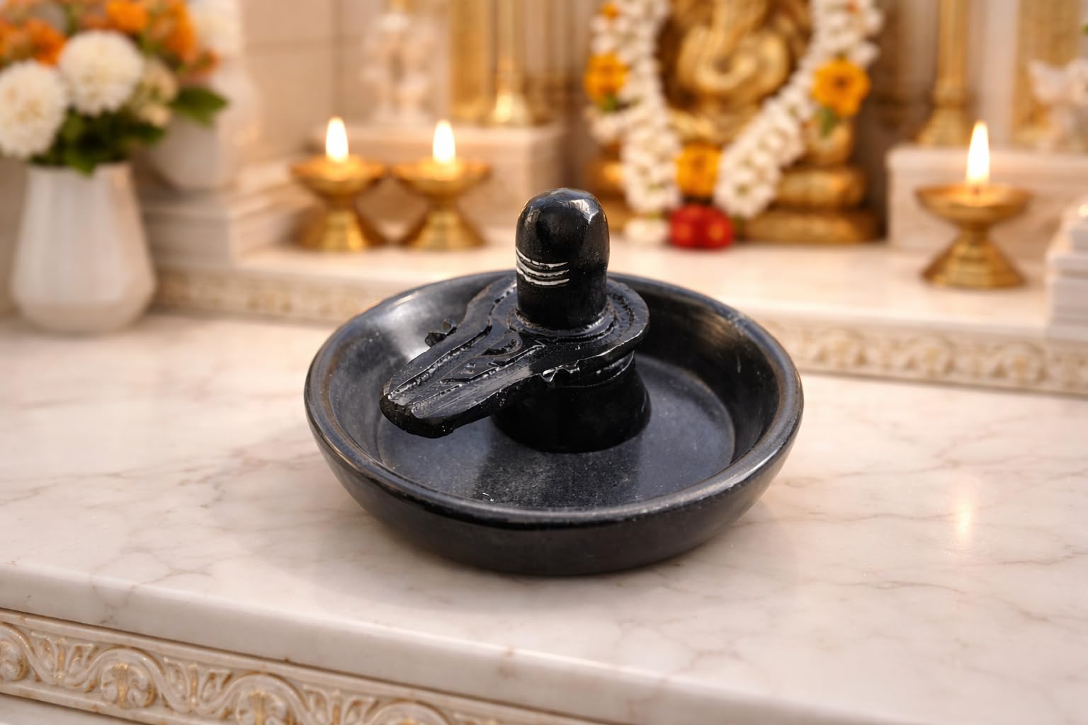 Marble Resin Shivling with Jaladhari Bowl - Shiva Idol -4 Marble Resin Shivling with Jaladhari Bowl - Shiva Idol -4