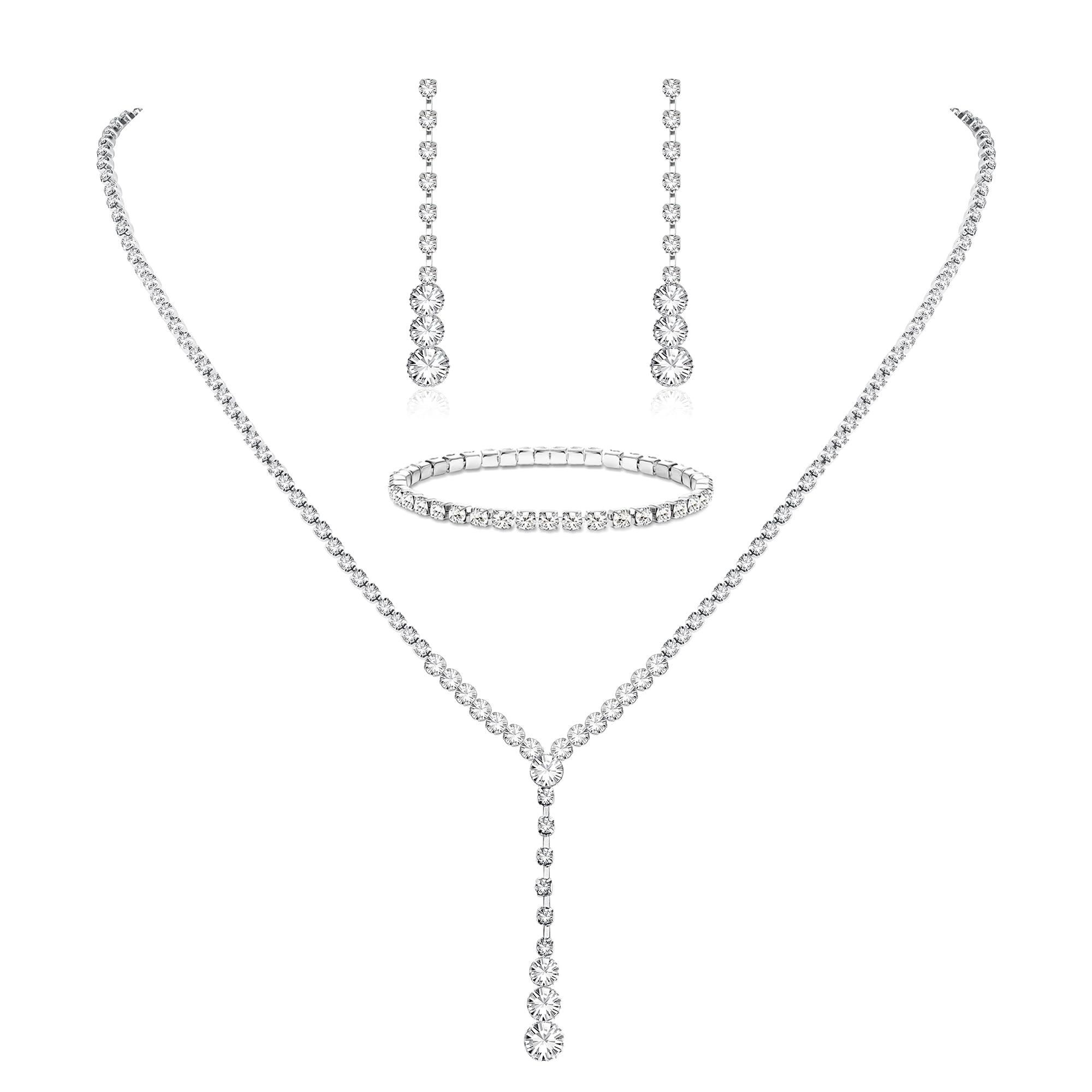 Morfetto Conjunto de Joyería Nupcial de Plata, Collar de Diamantes de Imitación, Pulsera, Pendientes Colgantes para Novia, Cristal, Boda, Graduación, Accesorios de Joyería para Mujer