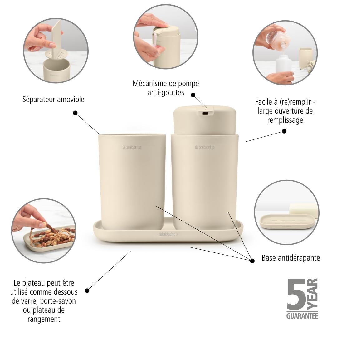 Brabantia - Renew Set d’Accessoires de Salle de Bains - Distributeur de Savon, Porte-Brosse à Dents & Plateau - Mécanisme de Pompe Anti-Goutte - Anti-Rayures - Anti-Corrosion - 3 psc. - Soft Beige