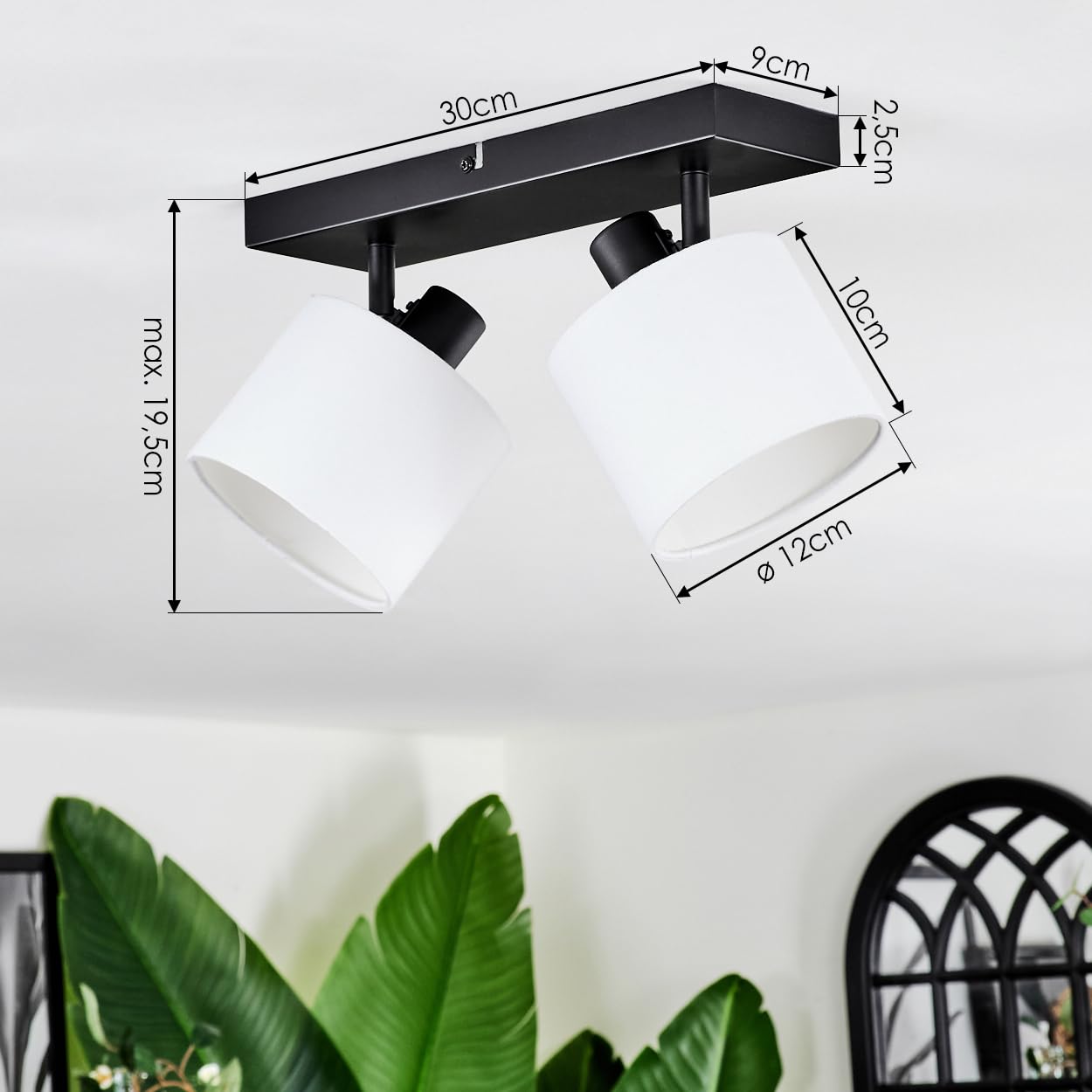 HOFSTEIN Lámpara de techo Bassagoda, lámpara de techo de metal/tela en negro/blanco, lámpara ajustable de diseño moderno (pantallas de 12 cm de diámetro), 2 x E14, comedor, salón, dormitorio, cocina