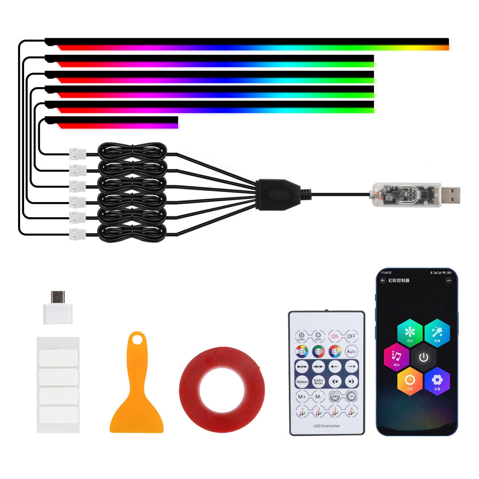 Oświetlenie wewnętrzne LED do samochodu, 6/10 w 1, RGB, akrylowa taśma z aplikacją i pilotem zdalnego sterowania, neonowe listwy świetlne, wielokolorowa, migająca zmiana kolorów z muzyką (bez światła