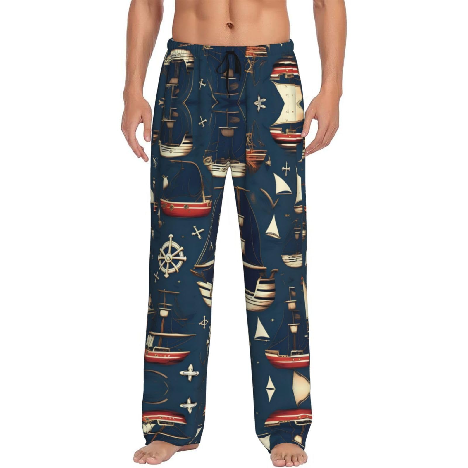 Sabfwf Men's Black Nautical Sailing Pirate Theme Print Pajama Pants,Comfortable Pj Pants For ,Breathable Sleepwear,Elastic Waist Pants