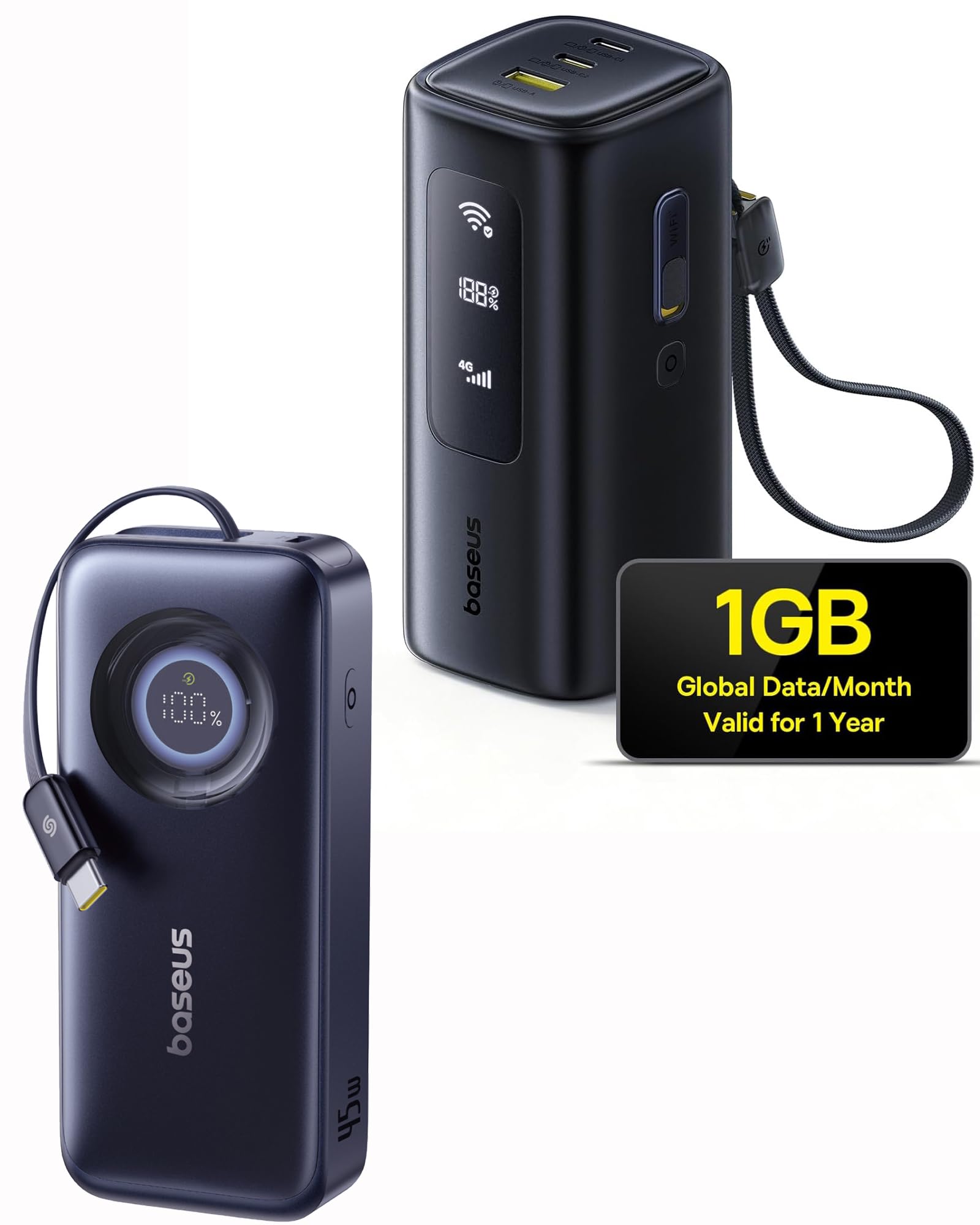 Baseus 4G LTE Mobile Hotspot &amp; 20000mAh 67W Power Bank 2-in-1, Portable WiFi for Travel in 150+ Countries, Enercore Power Bank, 10000mAh Fast Charging Portable Charger Built-in 45W Retractable Cable