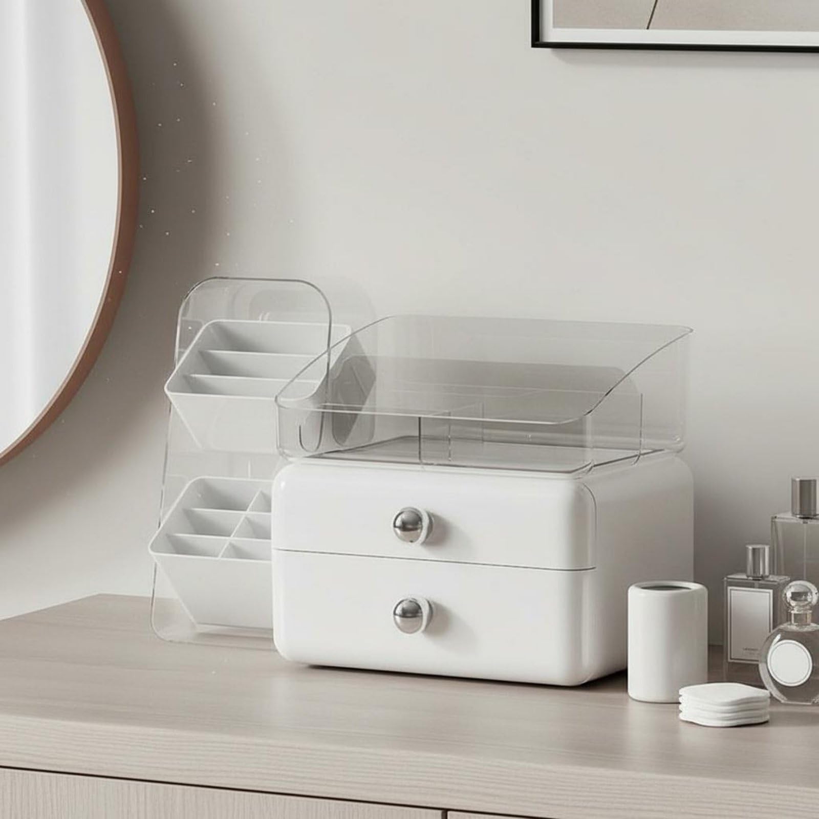 Cosmetic Organizer Organizzatore Trucco Cassettiera Porta Cosmetici Portapennelli con Cassetti E Vassoio Rimovibile in PET HIPS PP Adatto per Toeletta, Bianco