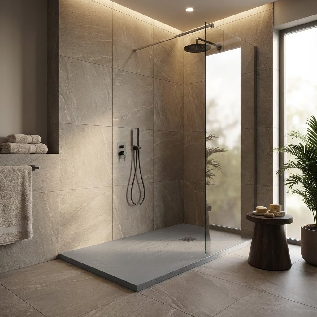 Plato de ducha de resina color cemento 70 x 160 cm con rejilla y desagüe – Showey