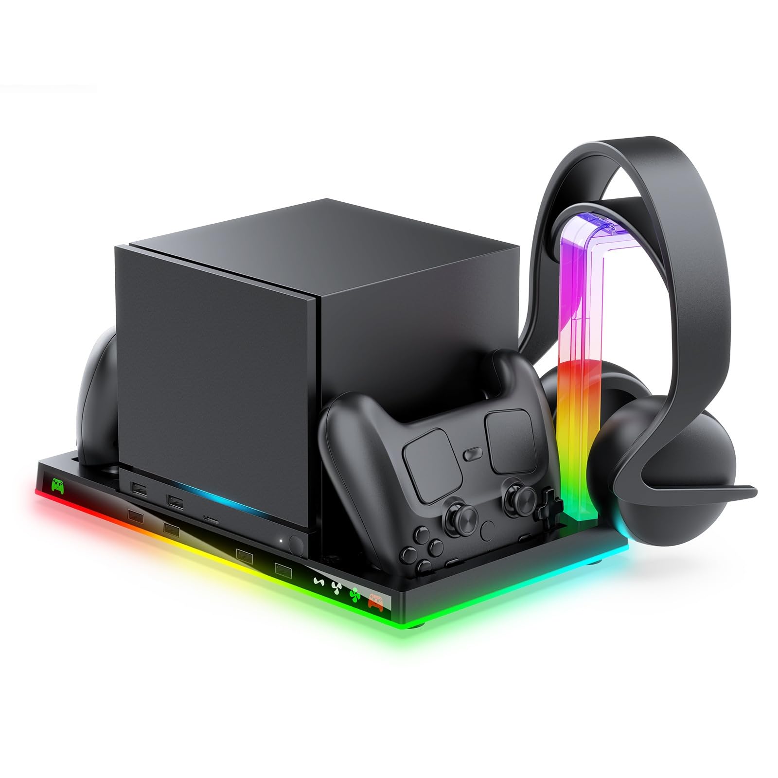 Base di ricarica per macchine a vapore Supporto caricabatterie doppio controller, supporto verticale con luce RGB per supporto controller vapore, supporto per cuffie dock di ricarica