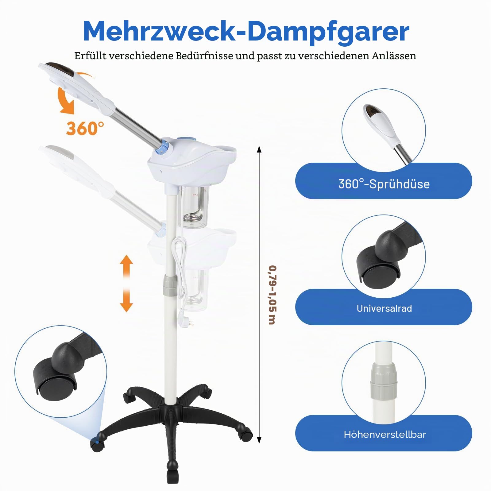 Gesichtsdampfer Ozon Bedampfer 360° Porenreiniger Dampf Spa Maschine mit 5 Rollen und 800ml Salon Wassertasse Dampfgerät Einziehbarer Design Gesichtssauna Verdampfe