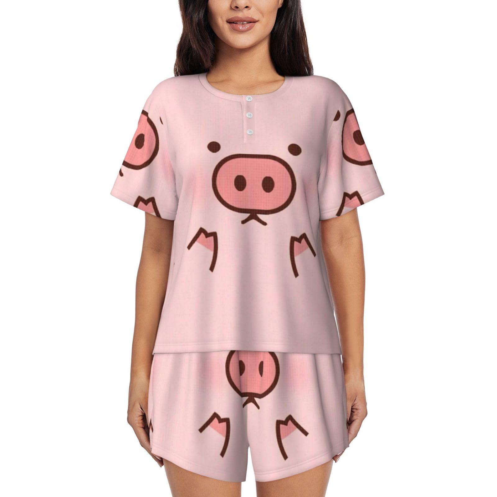 Jbyjbx Unisex Black Cute Pig Women's Pajamas Set, Cotton Short Sleeve Sleepwear Top Shorts Pjs Sets Soft Loungewear, Xxxxl