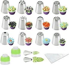 KUKFODY Russian Piping Tips Set 26 pcs-Cake Decorating Supplies 12 Floral Icing Tips 2 Leaf Tips Nozzles 10 Baking Pastry Bags 2 Couplers Frosting Tips Set
