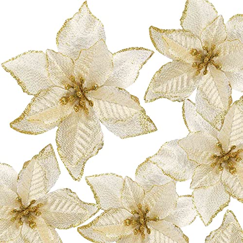 ZDNT 12 Piezas Flores Artificiales Decorativas Navidad Flores de Pascua Navidad Flores de Brillo Navideño para Boda,Navidad,Coronas de árbol de Navidad,Flores Navidad Artificiales(Golden)