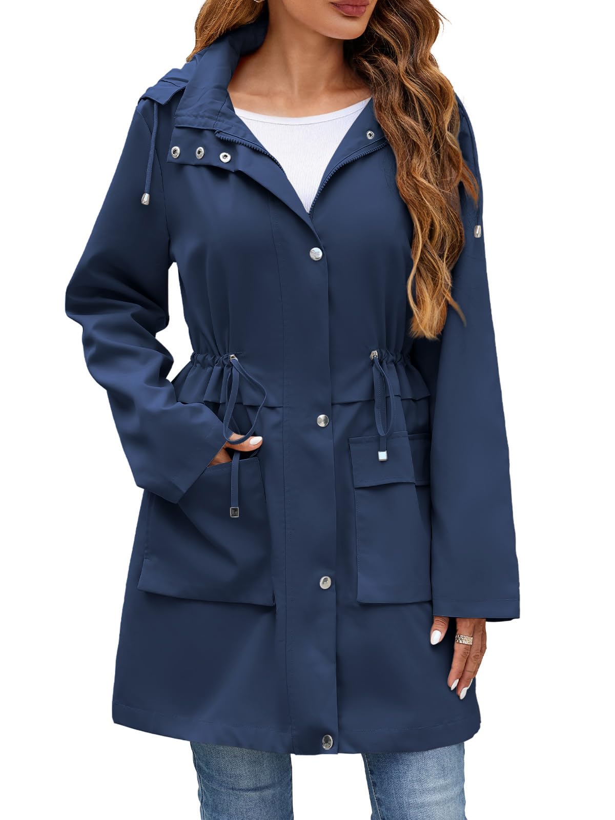 Mixxmix Womens Rain Jacket with Hood, Long Rain Coat for Women Waterproof Trench Coat Lined Windbreaker Fall Jacket