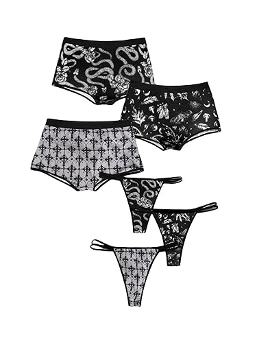WDIRARA Women's 6 Piece Goth Graphic Print Underwear Briefs Cheeky Mid Rise Panties Thongs - X-Small - Multicolor