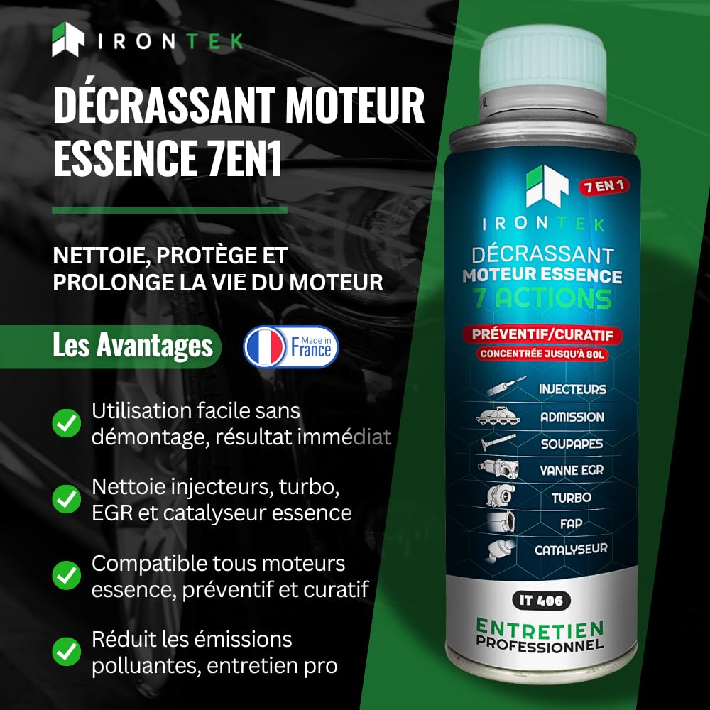 Décrassant Moteur Essence 7en1 375ml - IRONTEK | IT406 | Sans Démontage | Catalyseur Turbo EGR Injecteurs | Traitement Complet Premium
