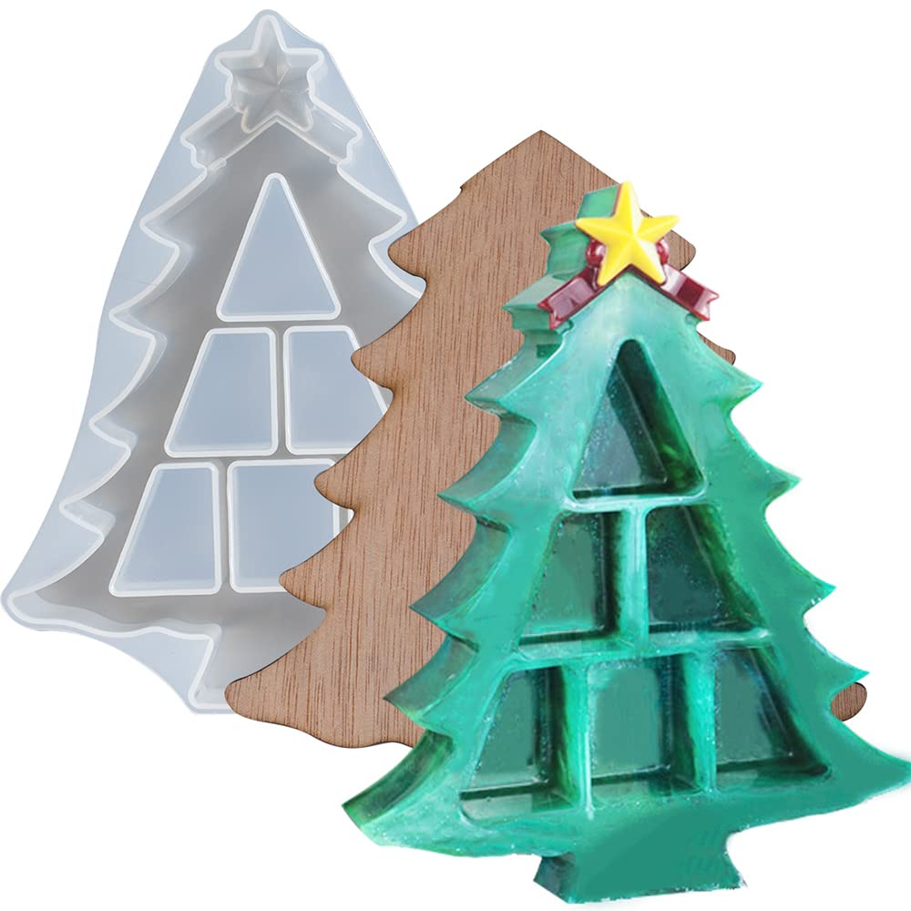 Christmas Tree Trinket Box Epoxy Resin Silicone Tray for Polymer Clay Concrete Cement, Jewelry Storage Case 6-gride