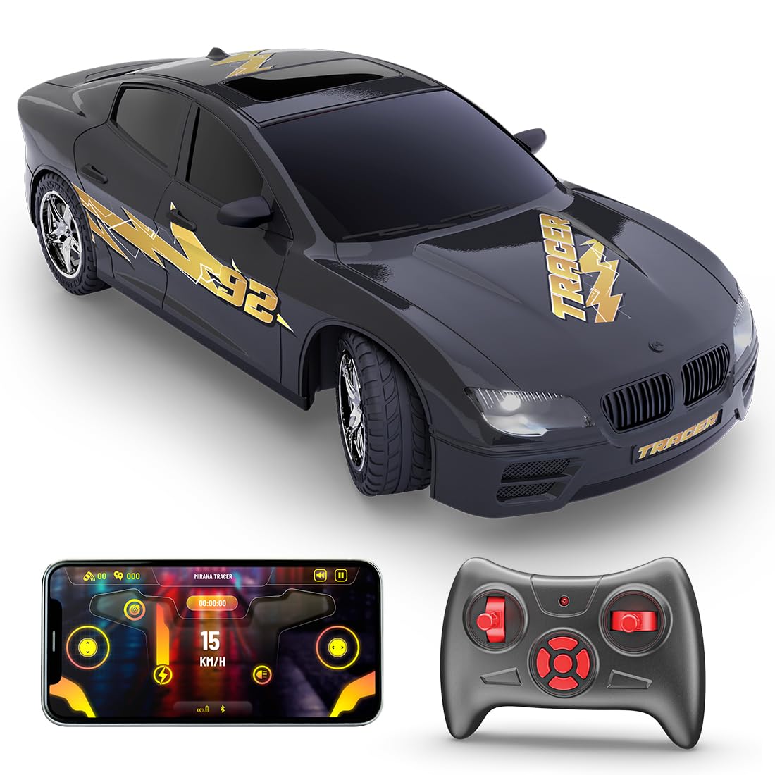 Mirana Tracer Remote & App Controlled Car Toy for Kids | USB Type-C Rechargeable High Speed Drift RC Vehicle | 1.5X Nitro Boost with in-Built Bluetooth Speakers for Boys & Girls (Black)