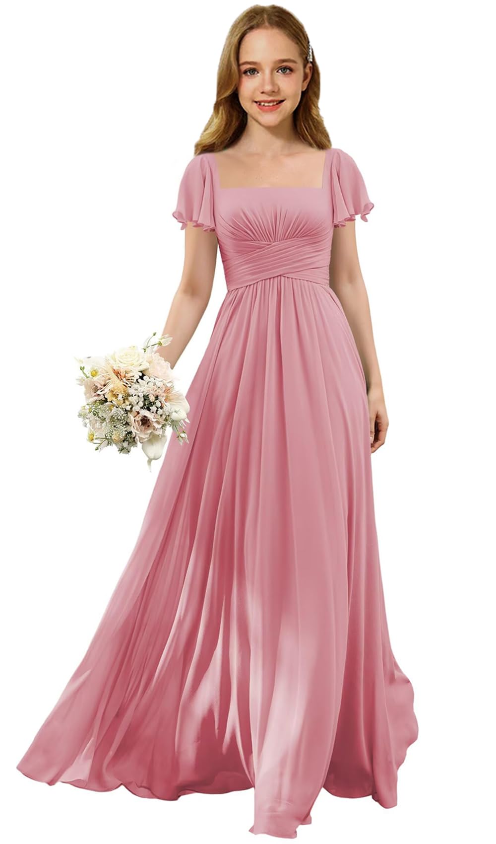 Augday Flutter Sleeves Junior Bridesmaid Dress Square Neck Flower Girl Dresses with Ruffles A Line Wedding Party Gown