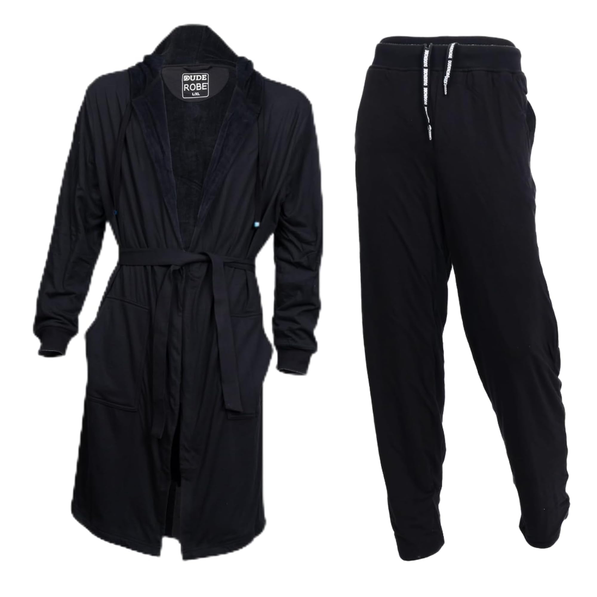 DudeRobeMen's Black L/XL Hooded Robe & L/XL Sweatpants Straight Leg & Open Bottom, from Shark Tank! Comfy & Absorbent Cotton Robe for After Shower, Sweatpants for Lounging