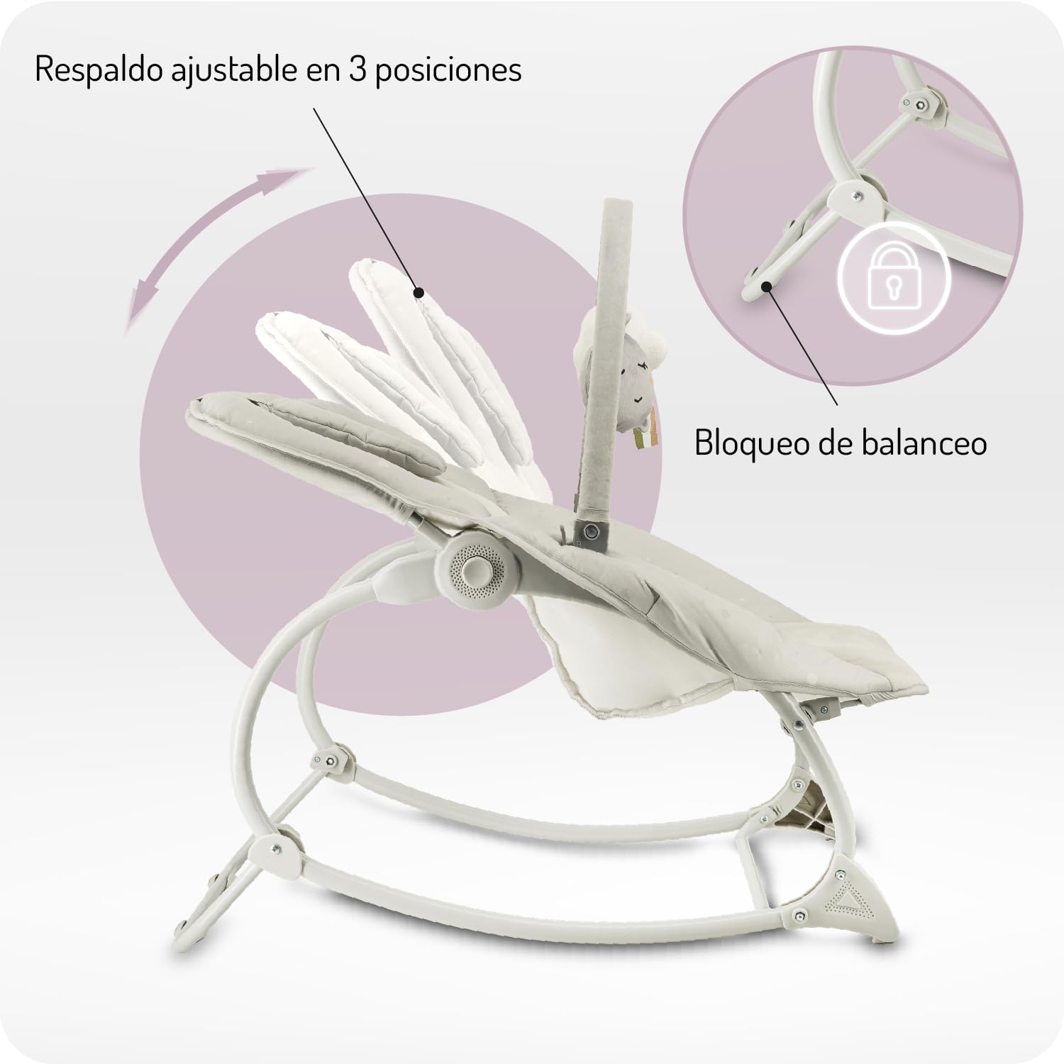 Mecedora MoMi LAPIS para niños hasta 12 kg, a pilas, arnés 3 puntos, barra con 2 juguetes, respaldo 3 posiciones, 8 melodías, control volumen, 3 modos de vibración