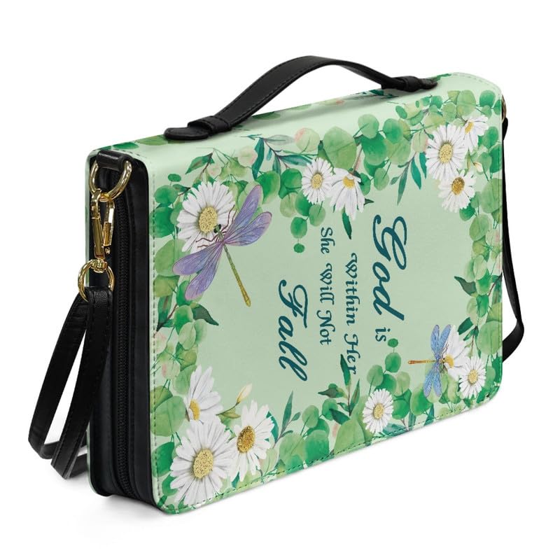 Kuiaobaty Cute Daisy Floral Bible Cover for Women Bible Carrier Bag with Shoulder Strap, Dragonfly Faux Leather Large Bible Case with Inside Pen Slots — image 1