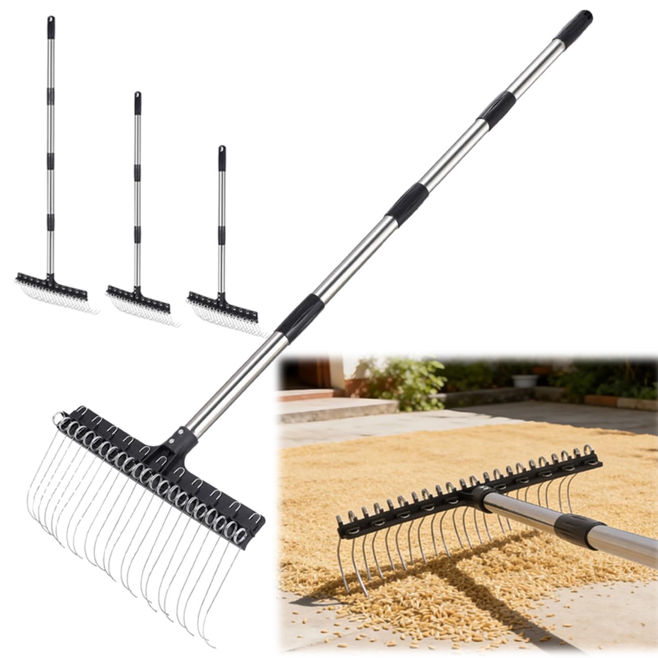 Laubrechen Verstellbar - 160cm Fächerbesen Laubbesen,Laubharke Metall mit Handschuhe,Gartenrechen,Rechen Garten,Laubfächer,Rasenrechen zum Reinigen von Pflanzen, Rasen und Hof