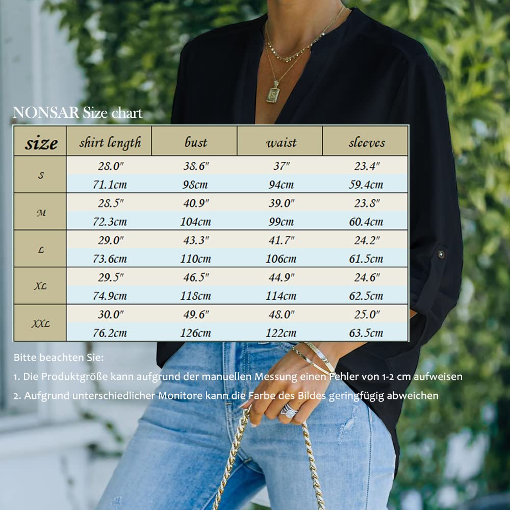 NONSAR Camicetta da donna Henley, elegante, con scollo a V, maniche arrotolabili, in stile casual