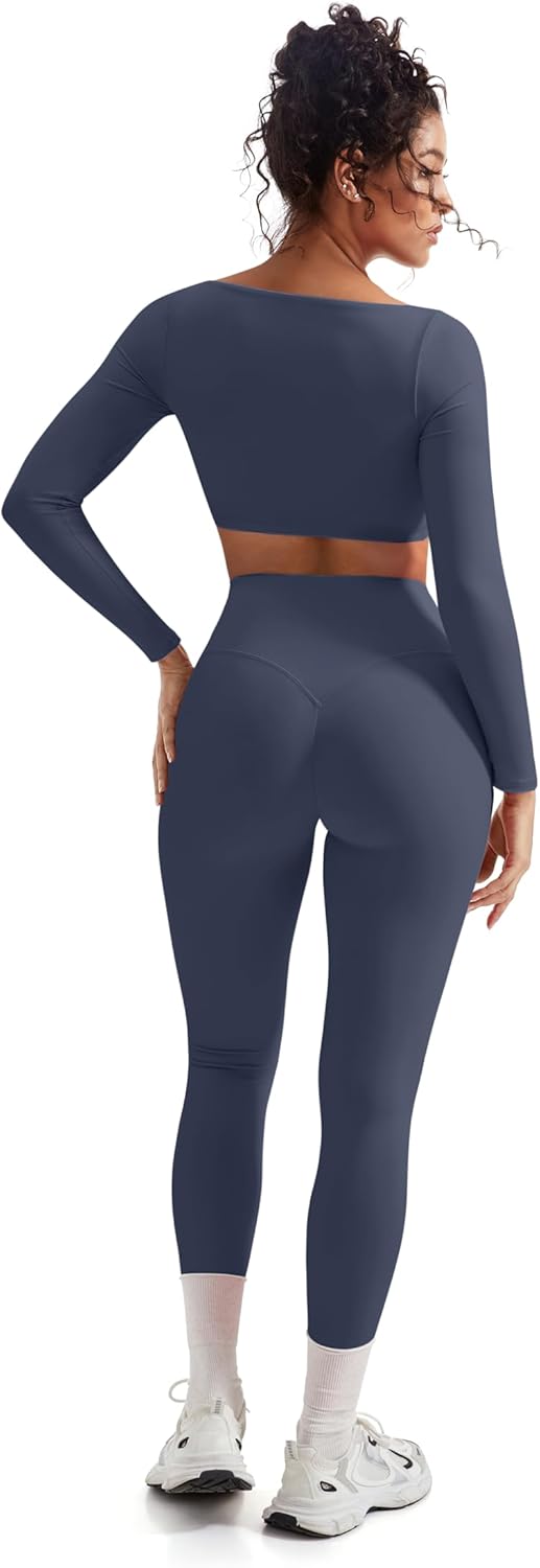 SUUKSESS Women 2 Piece Workout Sets Compression Tummy Control Leggings with Pockets Long Sleeve Square Neck Padded Crop Tops - Image 5