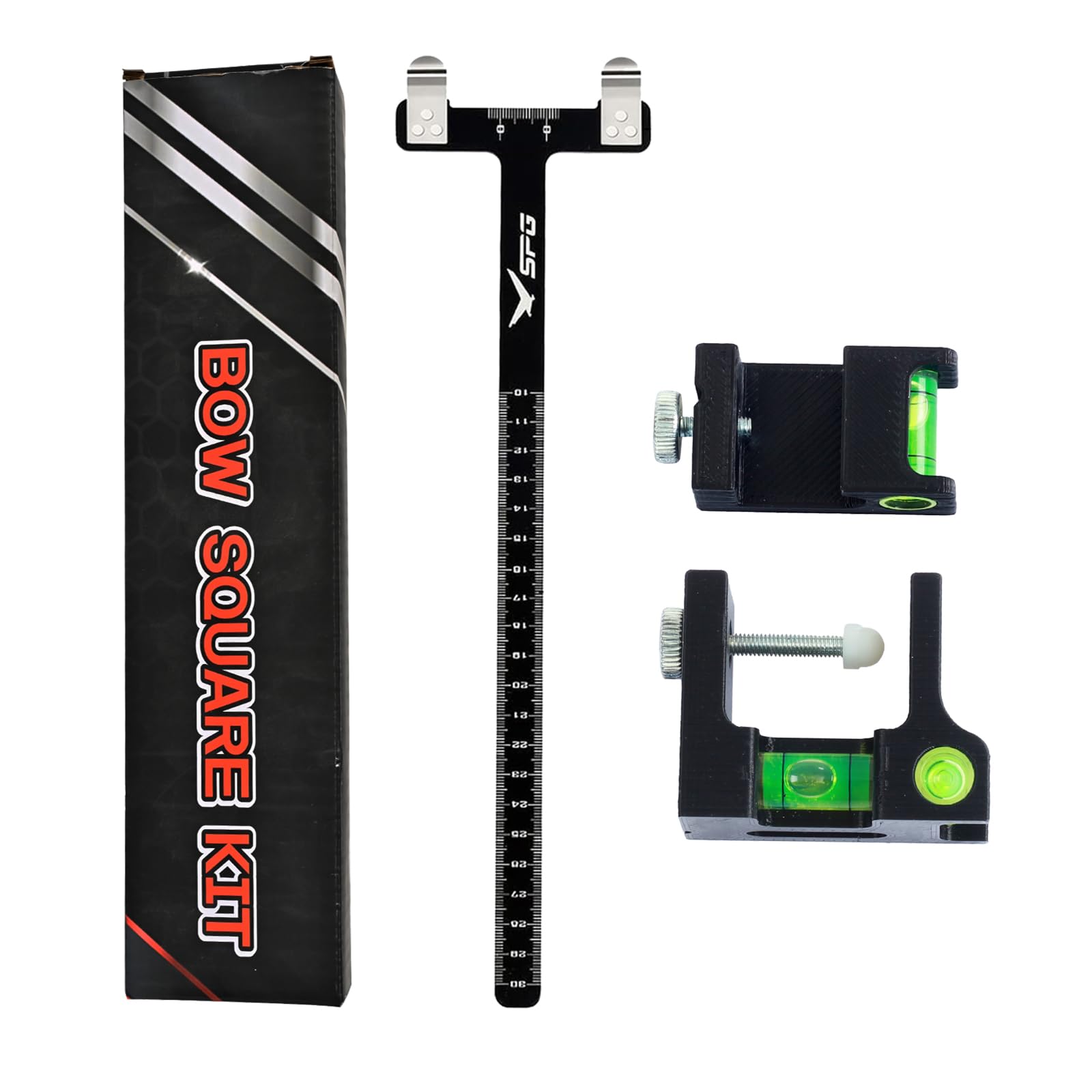 SPG Bow Square Kit 2 Pack, Archery Bow String Level Kit, T Shape Ruler Measurement Tool for Recurve & Compound Bows (Black)
