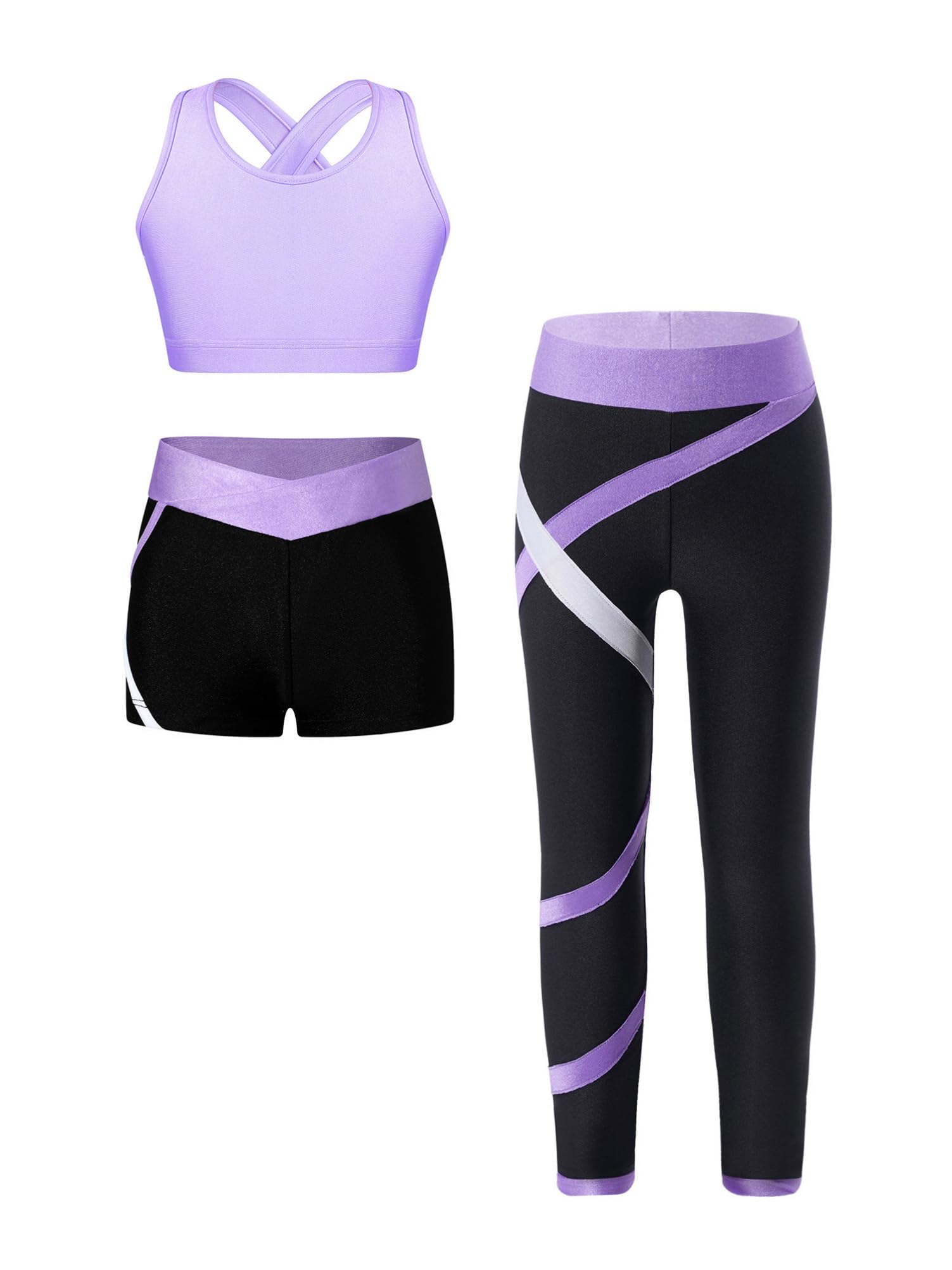 Alvivi Conjunto Chandal Corto Niña de Tres Piezas con Crop Top Deporte y Pantalones Cortos y Leggings Largos de Elásticos Ropa Entrenamiento Gimnasia Deportiva