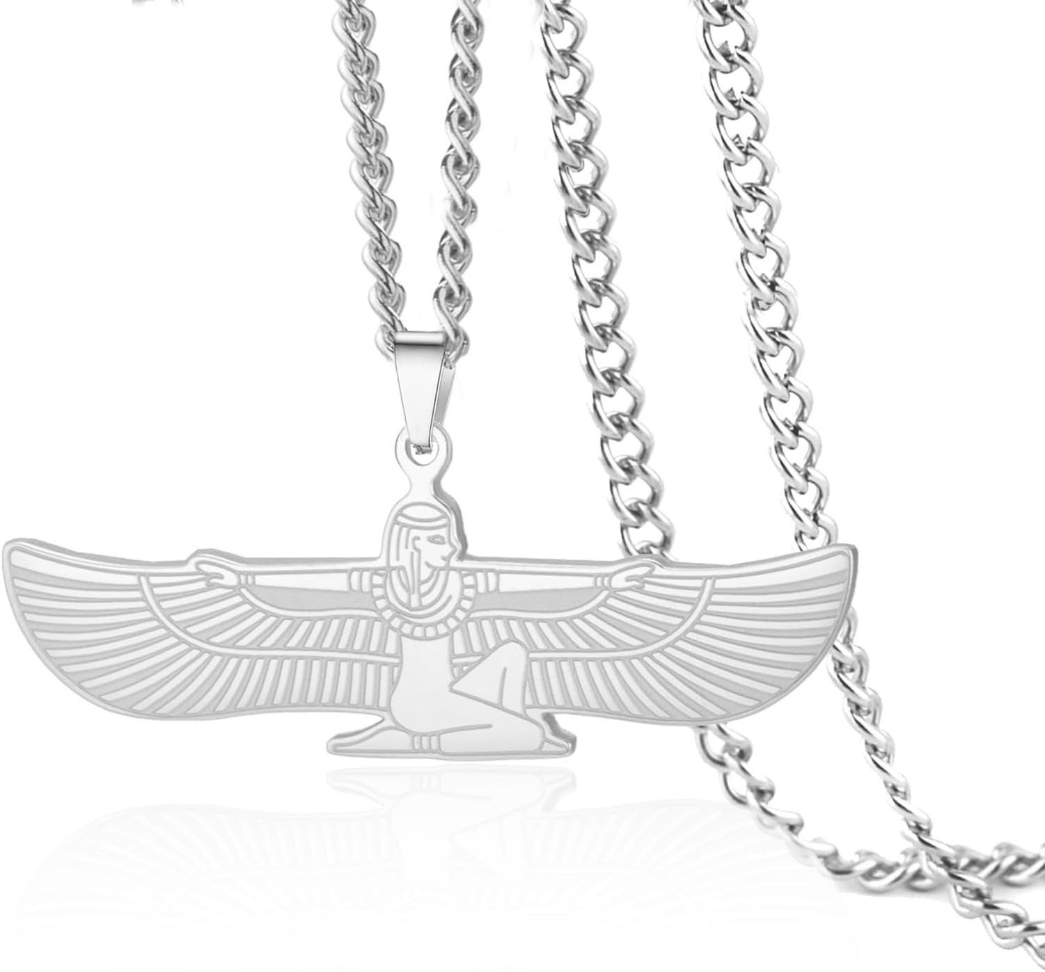 Faozhuo Egyptian Goddess Isis Necklace Winged Deity Pendant for Women Men Stainless Steel Ancient Egypt Greek Protection Amulet Mythology Jewelry, Silver 3