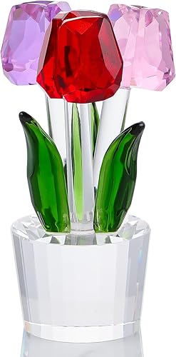 Enjinkail Tulipanes coloridos ramos de flores de cristal, figuras de decoración de cristal para mamá, regalos de tulipanes para mujeres en