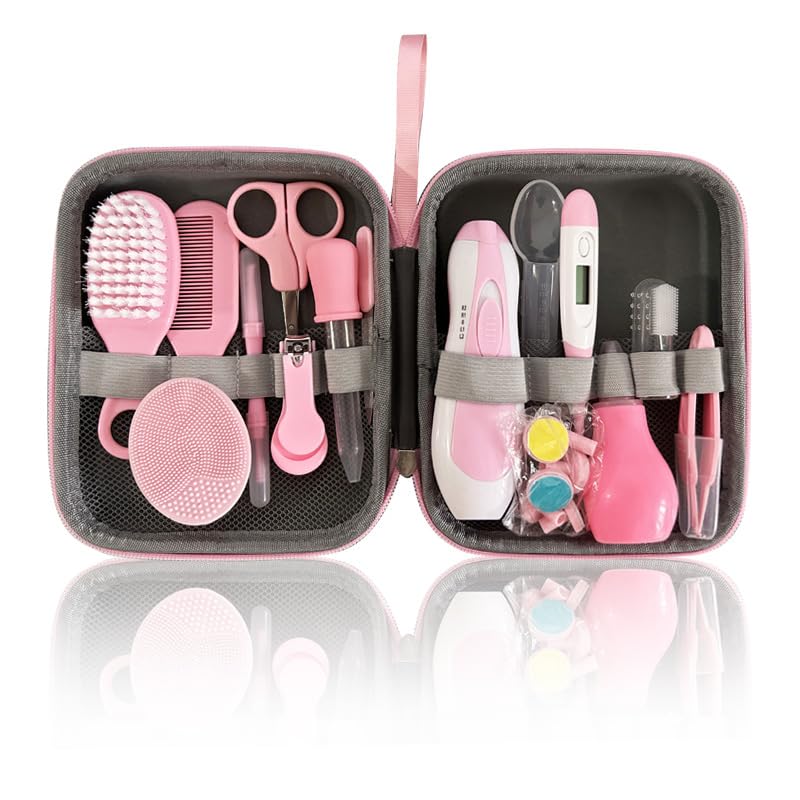 Nuyoah Baby Grooming Kit, Infant Safety Care Set with Hair Brush Comb Nail Clipper Nasal Aspirator,Baby Essentials Kit for Newborn Girls Boys (Pink Baby Grooming Kit)
