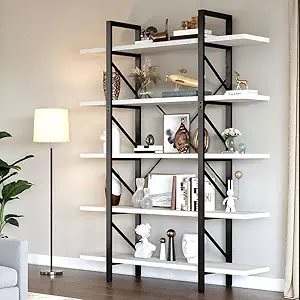 DWVO 5 Tier Tall Bookshelf, 12" D x 47" W x 71" H Large Industrial Book Shelf Vintage Bookcase for Living Room, Bedroom, Home Office, Free Standing Storage Shelving Unit, White