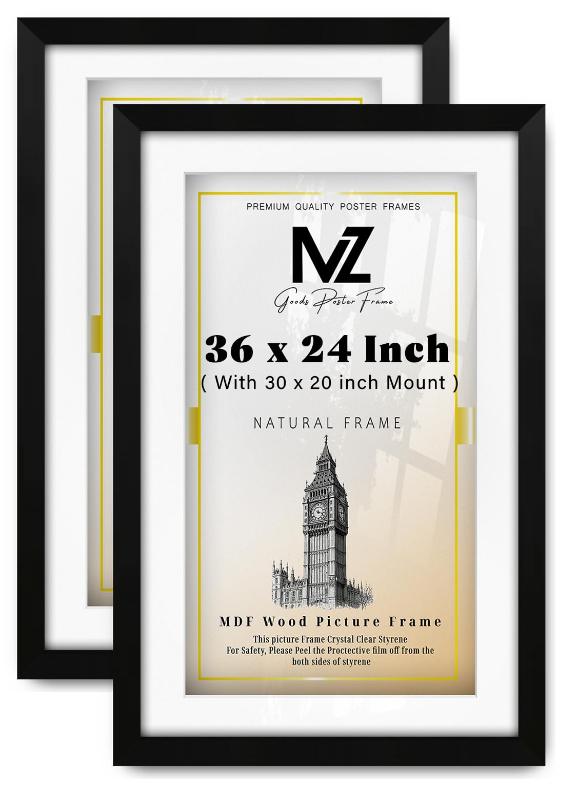 MZ GOODS pack of 2 MDF Minimalist Picture Frame (91.44 x 60.96 cm) With (30 x 20 Inch) White Mount Wall Display | 36 Inch x 24 Inch Diploma, Award, Photo, Decorative Frame [ Matt Black ]