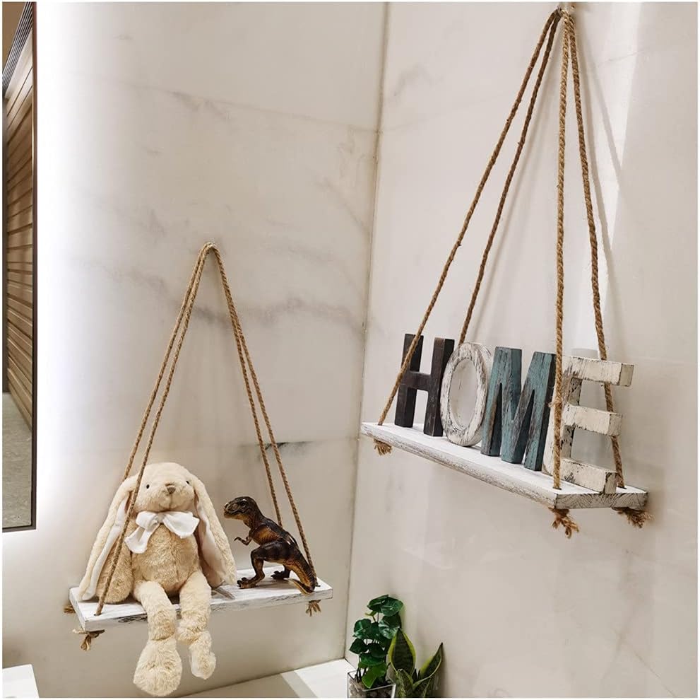 Amazon.com: Wood Rope Hanging Floating Shelves Set of 2, Hanging ...