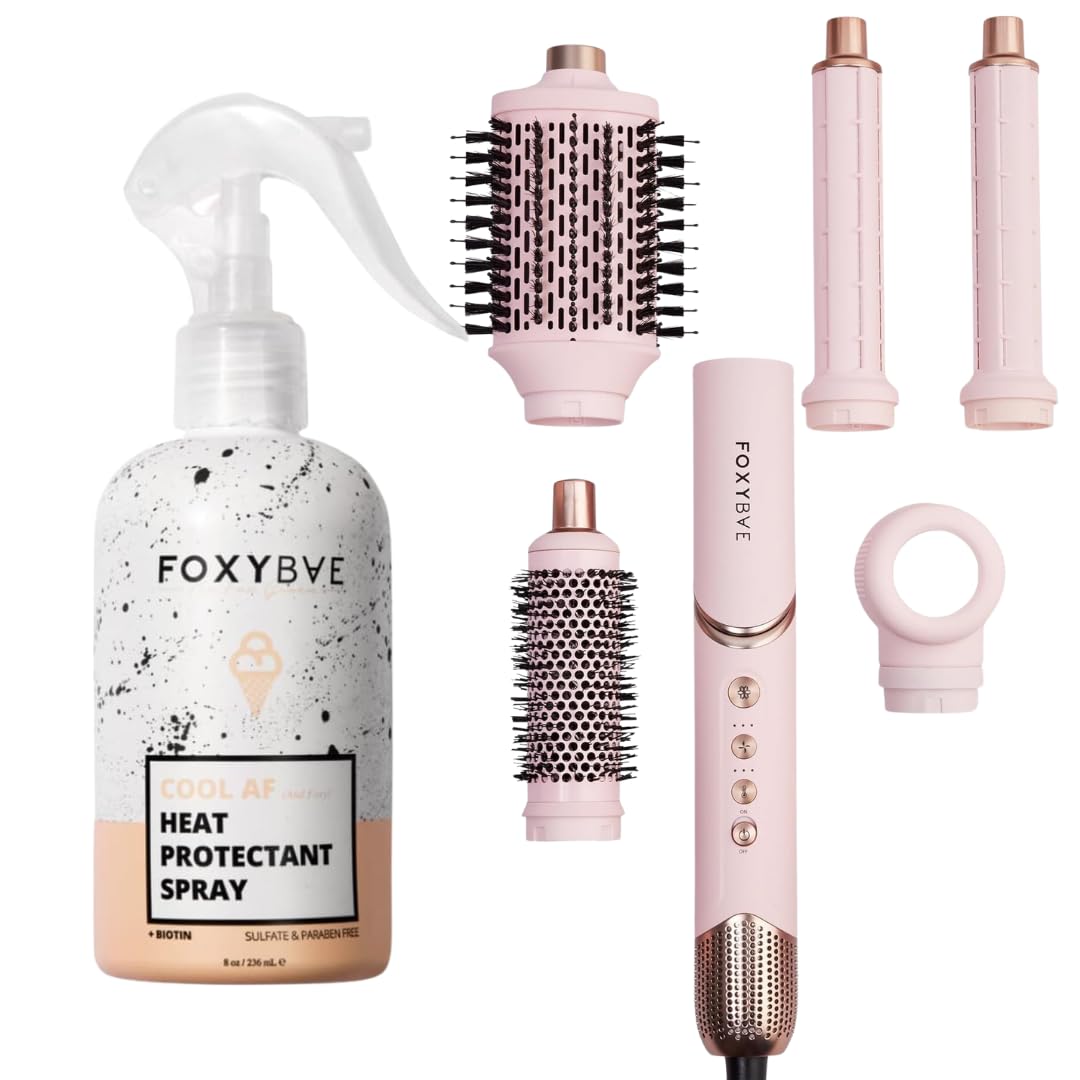 FoxyBaeHeat Protectant Spray & Super Styler Pro 5-in-1 Hair Styler Bundle - Thermal Protection & Interchangeable Curling Iron Set for Frizz-Free, Smooth Hair [Blush]