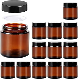 4oz Jars with Lids, Hoa Kinh 12 Pack Amber Glass Jars with Lids Empty Cosmetic Containers Round Airtight Glass Jar with Inner Liners and black Lids for Storing Lotions, Powders, and Ointments