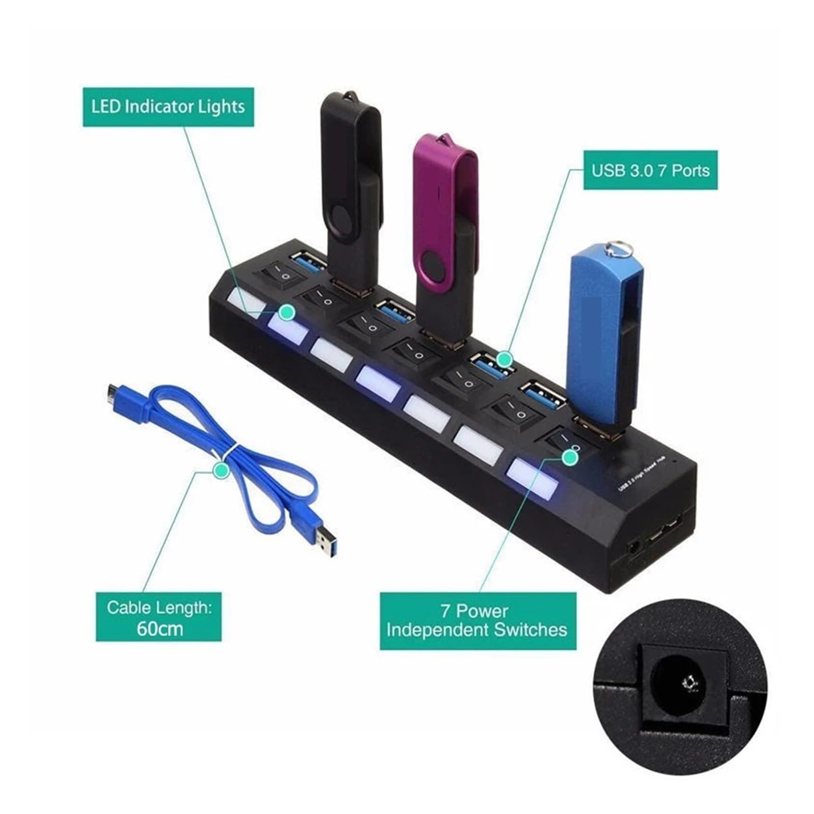 HUB USB 3.0 Multi 4 7 Splitter Porta Con Adattatore Di Alimentazione For PC Accessori For Laptop Multipli Capacità Di Ricarica Rapida(3.0 4 Port Black)