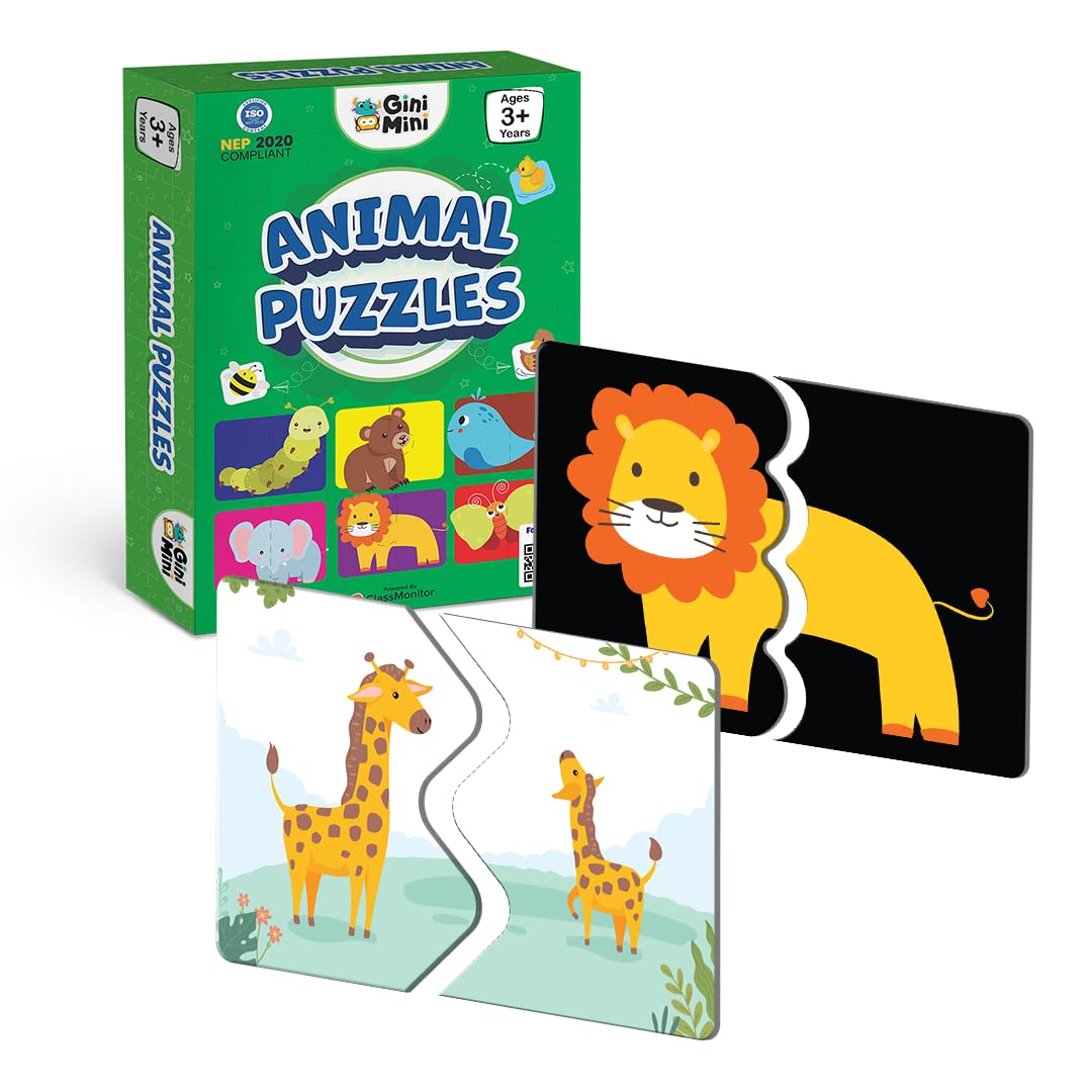 GiniMini Animals Jigsaw Puzzle for Kids - Set of 16 | 2-Piece Puzzles | Educational Toy for Cognitive Development | Fine-Motor Skills for Kids