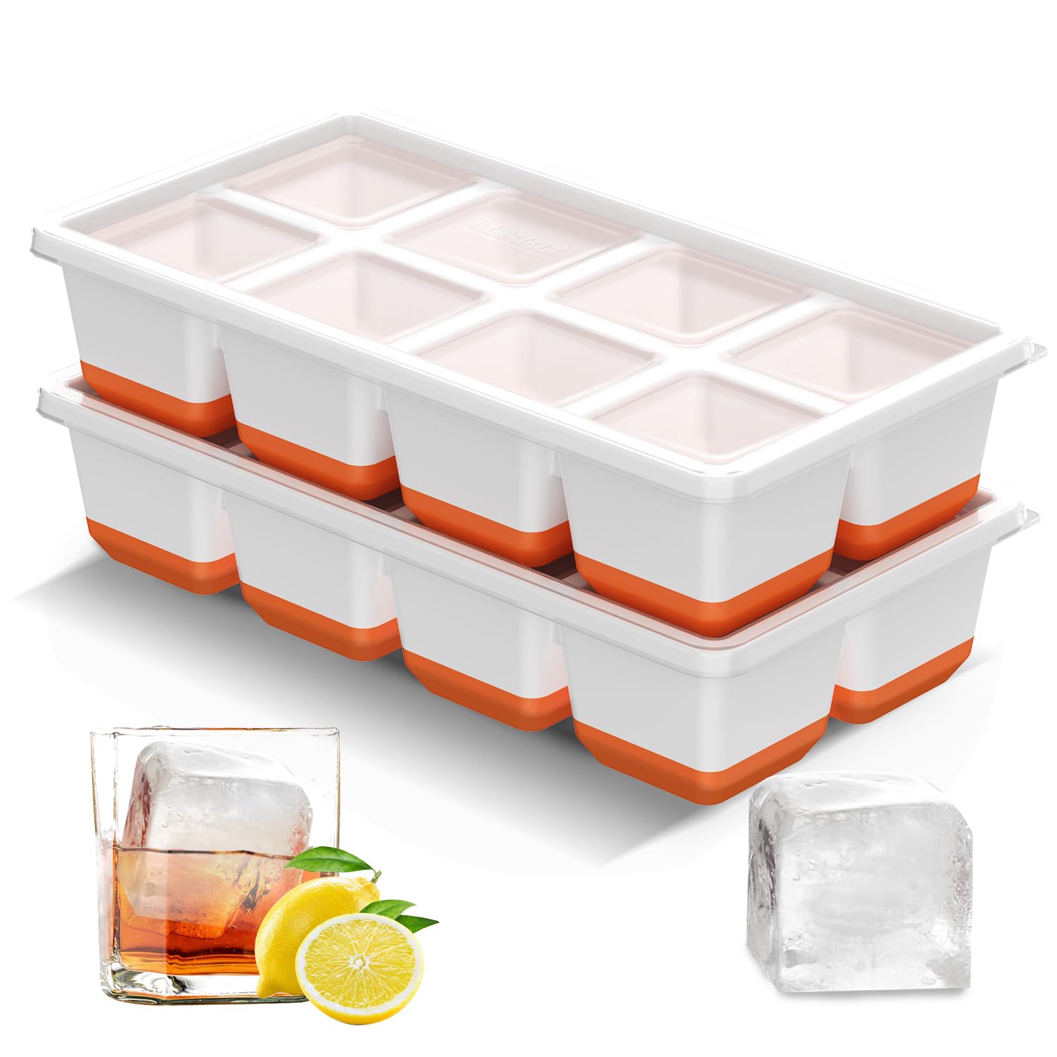 VEHHE Large Ice Cube Trays, 2 Pack Reusable ice Cube Tray with lid, Ice Cube Trays for Freezer, Easy Release Ice Tray for Drinks, Whiskey, Cocktails (Orange)