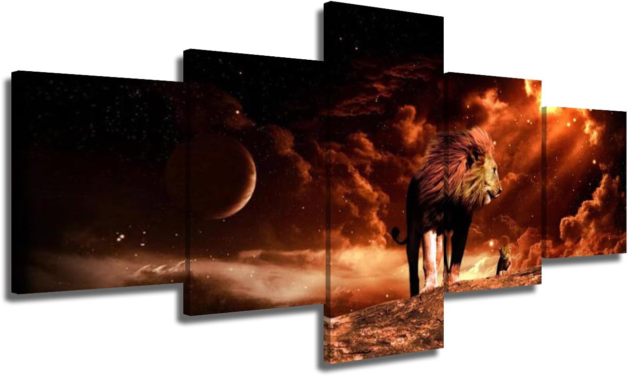 Gеt Chеар Prісе African Animal Decor Lion Portrait Paintings for Living Room Wildlife Pictures HD Prints 5 Piece Canvas Wall Art Orange Red Clouds Artwork Home Decor Framed Stretched Ready to Hang(50''Wx 24''H)