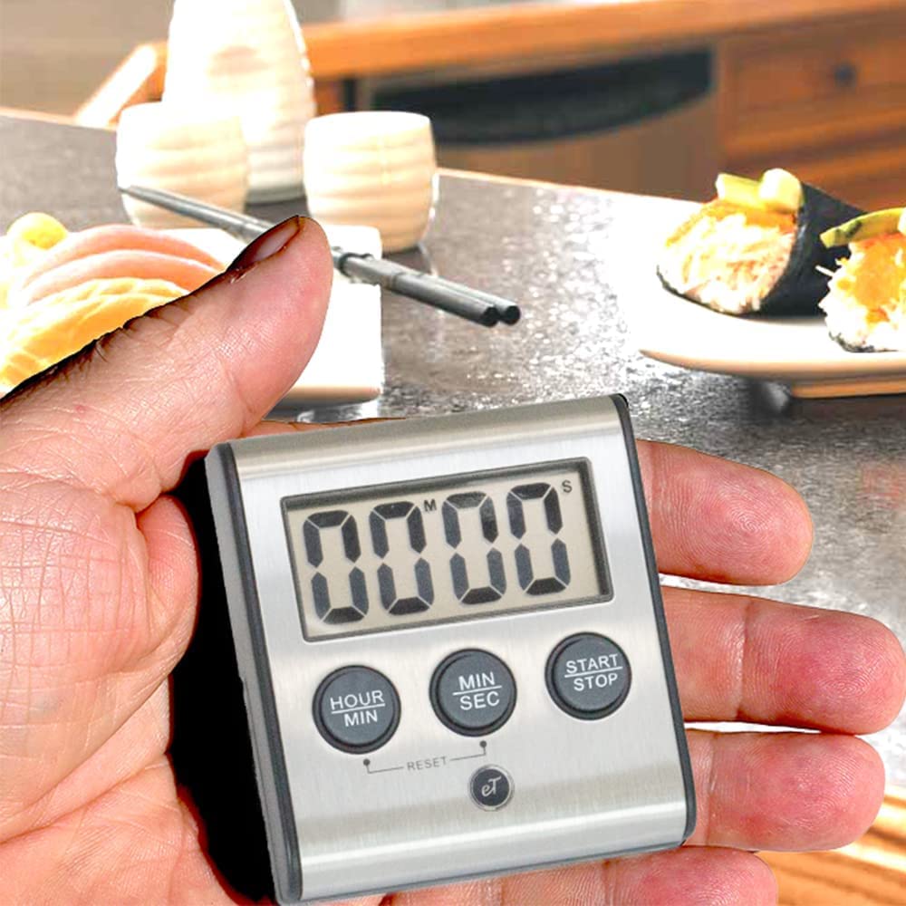 Elegante temporizador digital de cocina – Modelo de acero inoxidable eT-78, parte trasera magnética superfuerte, alarma fuerte, pantalla grande, memoria automática, apagado automático