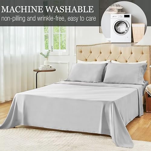 Miniatura 5 de Juego de sábanas de tamaño matrimonial, color gris claro, sábanas bajeras y fundas de almohada, 4 piezas de microfibra de enfriamiento suave para