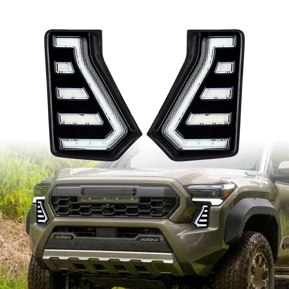 amopacorp Bumper LED Fog Lights Trim Bezel Assemblies for 2024 2025 Toyota Tacoma SR SR5 TRD Sport Limited Trailhunter Left Right Sequential White DRL Daytime Running Lamps Amber Turn Signal Cover