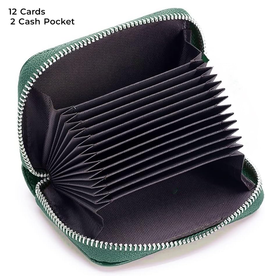 Image of VOGARD RFID Blocking Leather Card Holder for Men & Women | 12 Card Slots, 2 Cash Pockets | Zip Around Compact Design | Genuine Leather Credit Card Holder (Green)